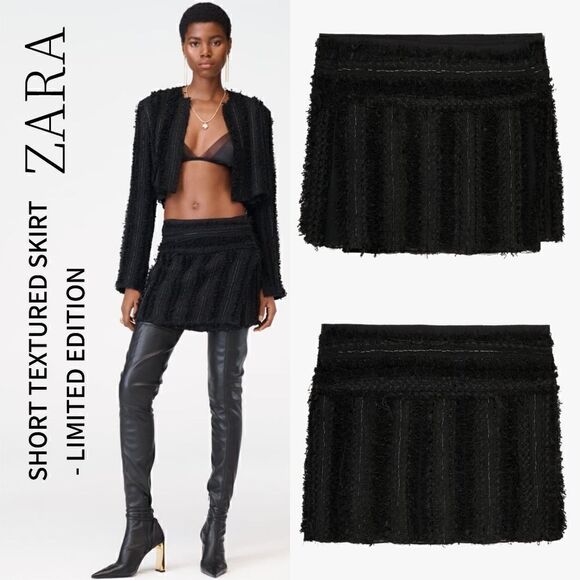 Zara Black Textured fabric High waist Mini Skirt Limited Edition tonal beads NWT - Picture 1 of 13